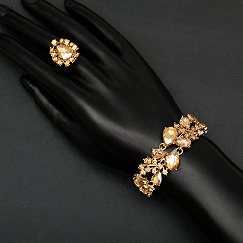 CSY 4 Pcs/Set Austrian Crystal Necklace Earrings Bracelet Ring Bridal Jewelry Sets for Brides Wedding Party Costume Accessories Gifts for Women - color: gold plated-champagne
