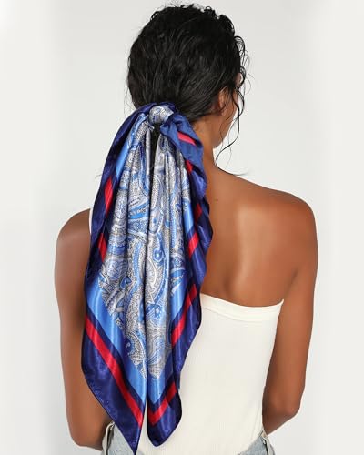 AWAYTR 35” Satin Head Scarf for Women Like Silk Scarf for Hair Scarf Satin Hair Bandana Women Headscarf Hair Wrap Scarf Neck - color: Blue + Red