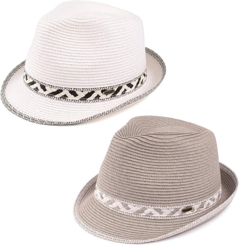 Funky Junque Straw Fedora Hats for Women - UPF 50+ Sun Hat, Short Brim Packable Beach Hat with Woven Pattern - color: 2 Pack - White & Grey