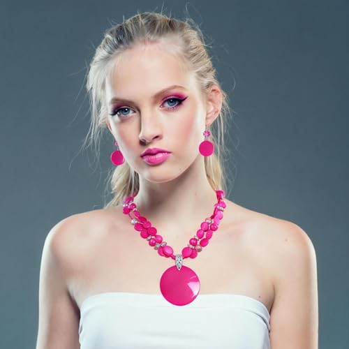 Layered Beads Statement Fashion Necklace Chunky Jewelry Set Big Colorful Glass Stone Circle Shell Pendant Choker Necklace and Earring Set for Women - color: fuchsia pink