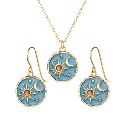 Dreuyet Vintage Sun Moon Earrings and Necklace Set for Women Boho Antiqued Crytal Sun Moon Dangle Drop Earrings Necklace Unique Handmade Retro Round Coin Celestial Jewelry Gifts - color: Gold Blue