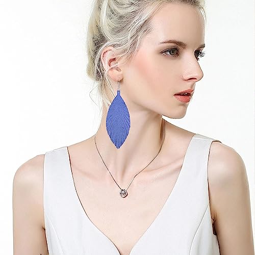 Large Genuine Soft leaf Leather Handmade Fringe Tassel Feather Lightweight Tear Drop Dangle Color Earrings for Women - color: Blue