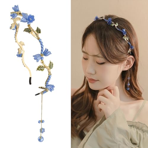 AHONEY Blue Flower Headband for Women Girls Hair Vine Leaf Boho Headband Wedding Fairy Accessories Headpiece - color: Blue