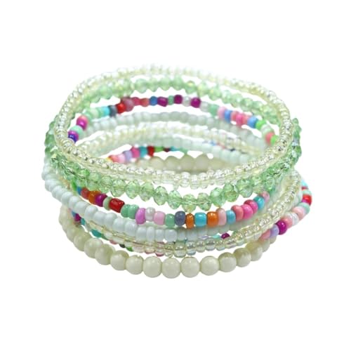 Pingyongchang Boho Colorful Beads Stackable Bracelets Set for Women Handmade Multicolor Seed Crystal Layered Stretch Bracelets Retro Country Holiday Beach Trendy Jewelry Gifts - color: Green