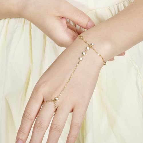 Hand Chain Bracelet Stainless Steel Finger Ring Bracelet Adjustable Gold Plated Hand Chain CZ Stackable Boho Minimalist Jewelry for Women - color: Gold Hand Chain Bracelet AN134G