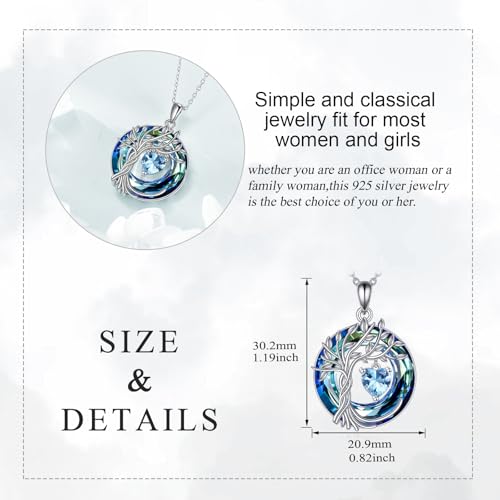 POPLYKE Mothers Day Gifts for Mom Her Wife Tree of Life Necklace 925 Sterling Silver Birthstone Pendant with Crystal Anniversary Birthday Wedding Jewelry for Women - color: 03-Mar-Aquamarine, style: White Gold Plated-Blue Crystal
