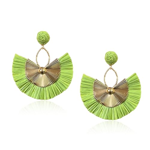 Anmpab Straw Fan Bohemian Tassel Earrings for Women Trendy Colorful Fringe Summer Beach Statement Earrings - color: Green