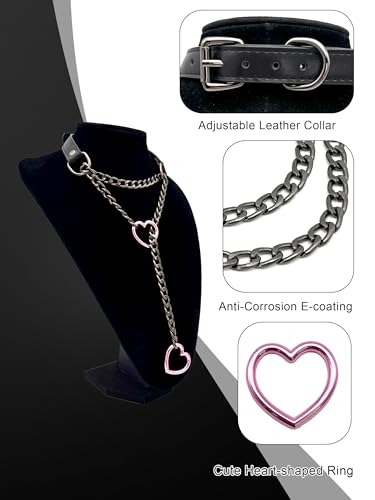 Black Leather Choker Collar For Women, Handmade Heart Slip Chain Choker Long Necklace with Adjustable Buckle - color: B-Black-Black-Pink, size: 18''chain