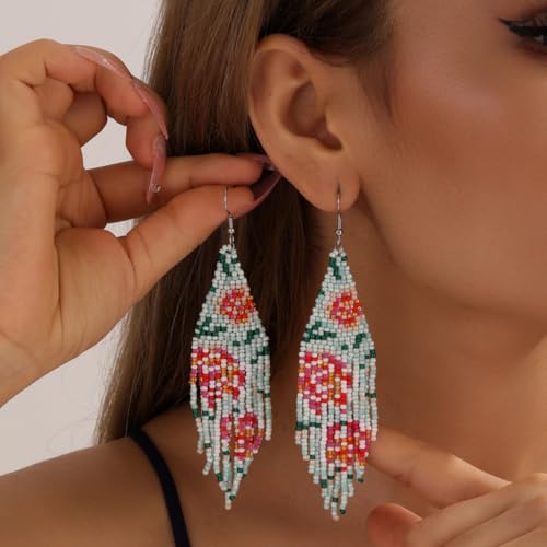 Flower Black Beaded Long Tassel Western Native American Earrings For Women Dangling - color: rose