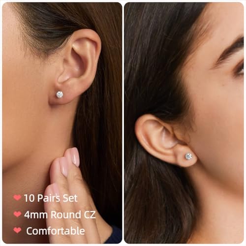 10 Pairs Small Stud Earrings for Women Precision-Cut Cubic Zirconia Earrings for Sensitive Ears Hypoallergenic Surgical Stainless Steel Tiny Stack Earrings for Multiple Piercing - color: 4mm-10 Pairs