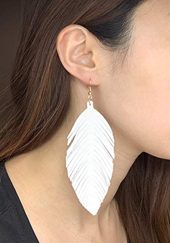 Large Genuine Soft Leather Handmade Fringe Feather Lightweight Tear Drop Dangle Color Earrings for Women Girls Fashion - color: Green