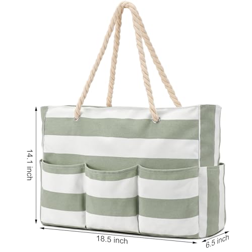 Becokan Beach Bags for Women Canvas Large Beach Tote Bag Zipper Waterproof Sandproof Foldable Swim Pool Bag with 7 Pockets - color: Light Green