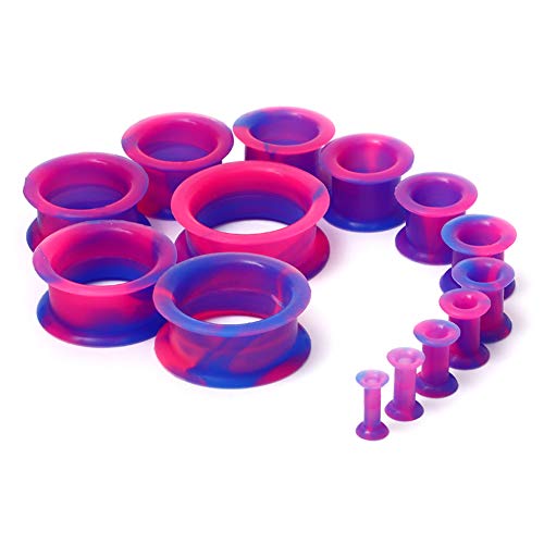WBRWP 20/28pcs Ear Stretching kit Set: Hollow Hard/Soft Silicone Plugs and Tunnels Ear Expander Gauges Stretcher Body Piercing Jewelry - style: 28pcs Thick/Mixed Blue&Pink