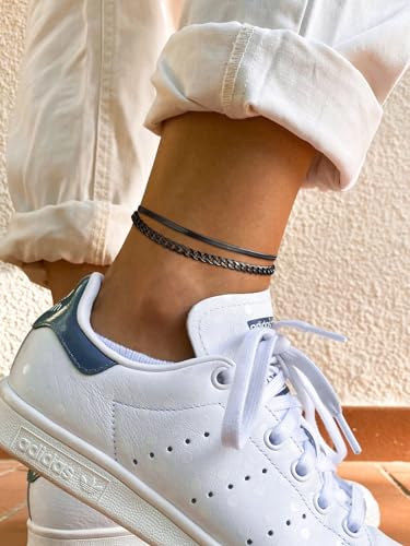 FindChic Black/Silver/Gold Plated Anklets Set of 2PCS/3PCS Herringbone Chain Cuban Link Heart Charm Sparkling Tennis Ankle Bracelets, Waterproof Summer Foot Jewelry for Beach - color: 03. Black-2PCS Cuban & Herringbone