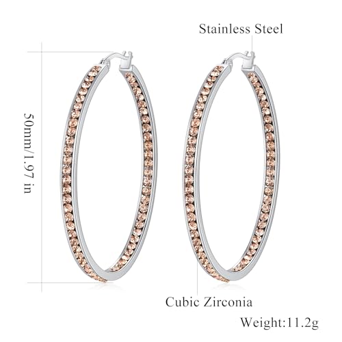 CiNily Mult-colors Crystal Stainless Steel Hoop Earring for Women Hypoallergenic Jewelry for Sensitive Ears Large Big Hoop Earrings 2" - color: Champagne