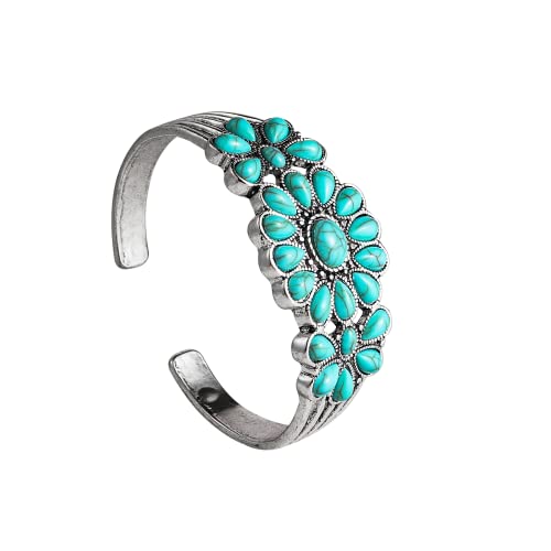 Fuqimanman2020 Bohemian Turquoise Flower Engraved Wrap Bangle Cuff Bracelet Natural Stone Adjustable Western National Style for Women Gemstone Ethnic Boho Jewelry