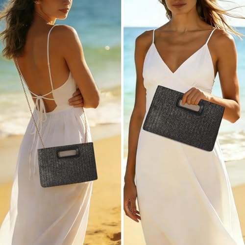 Beach Clutch Bag Straw Summer Clutch Purses for Women Handmade Woven Purse Detachable Gold Chain, Crossbody - color: Black