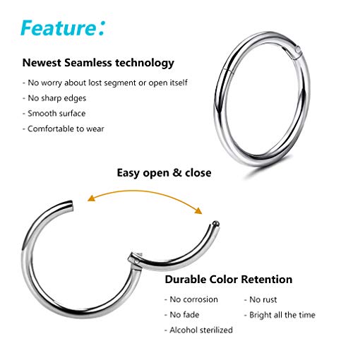 4Pcs 16G 18G 20G Surgical-Steel-Piercing-Ring-Nose-Rings-Hinged-Hoop-Earrings,6mm 8mm 10mm 12mm Seamless Stainless Steel Clicker Eyebrow Septum Piercing Hoop,Sliver Black Gold Rose Gold Rainbow Body Jewelry Set - color: 16G Silver