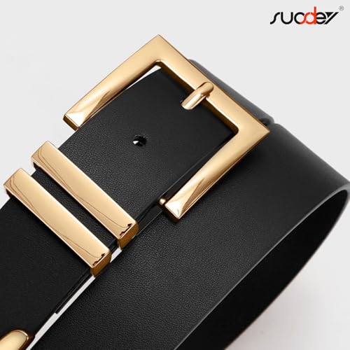 SUOSDEY Plus Size Women's Leather Belts for Jeans Pants Dress Fashion Women Waist Belt with Gold Buckle - color: Black, size: Fit waist size 26''-33''