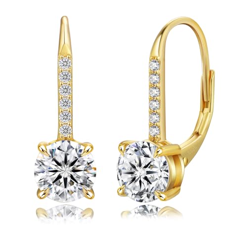 KRKC Moissanite Earrings, 1.0ct-2.0ct D Color Lab Created Diamond Earring, 14k White Gold Plated Sterling Silver Dangle Earrings S925 Leverback Drop Earring for Women Hypoallergenic Jewelry for Gifts - color: Round-Gold-5mm