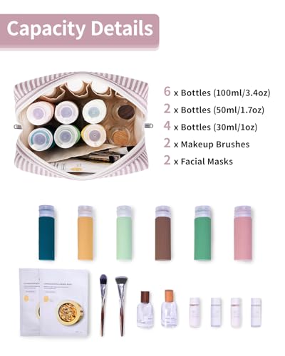 Narwey Striped Makeup Bag Travel Cosmetic Bag Organizer Toiletry Bag Make Up Bags with Compartments for Women Girls (Large, Dusty Rose Stripe) - color: A-Dusty Rose Stripe, style: Large