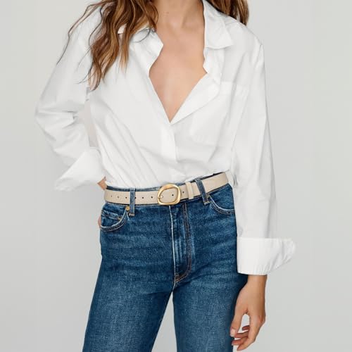SUOSDEY Women Leather Belt for Jeans Pants, Fashion Dress Waist Belt with Gold Buckle - color: A-beige, size: L：Fit waist 37''-41''
