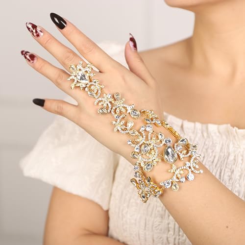 Denifery Rhinestones Finger Ring Bracelet Hand Chain Bracelets with Ring Slave Bracelets Boho Bangle Bracelets Wedding Hand Harness Hand Accessories for Women - color: Gold