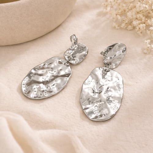 Chunky Irregular Geometry Clip On Earrings for Women, Matte Gold/Silver Retro Oval Dangle Drop Clip Earrings Non Pierced Clips Stetement Jewelry Gifts - color: Silver