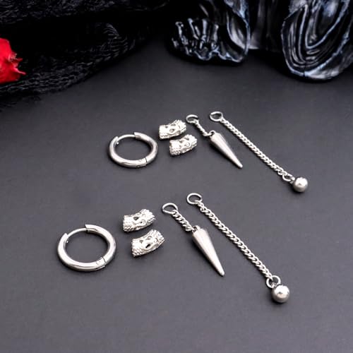 Sonateomber Gothic Silver Black Small Hoop Earrings for Women Men, Punk Hip Hop Engrave Beaded Goth Dangle Drop Earings Halloween Costumes Accessories Prom Fashion Jewelry Gift - color: Silver Spike