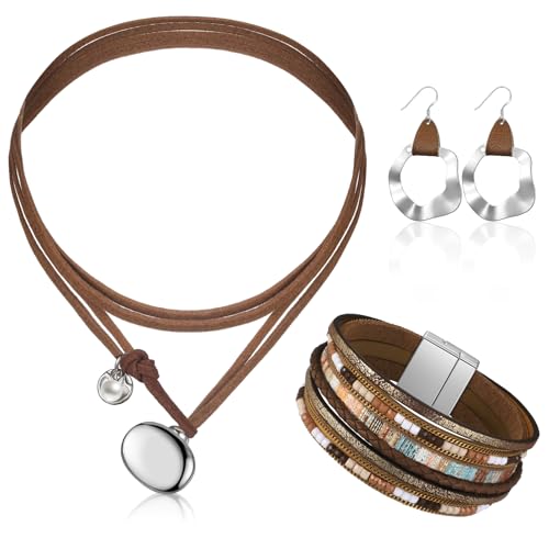 Inbagi 3 Pcs Western Jewelry for Women Bohemian Turquoise Jewelry Set Women Country Pendant Long Choker Layered Bracelets Earrings - color: Silver, style: Solid