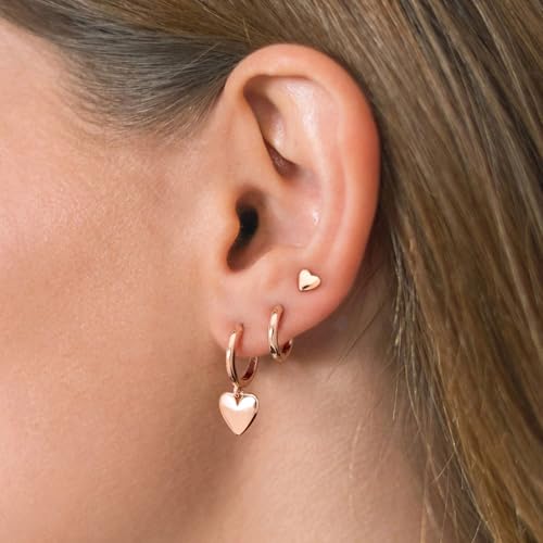 3 Pairs Small Earring Stacks, 14K Gold/Silver/Black/Rose Gold Plated Pearl Heart Butterfly Star Diamond Charm Drop Huggie Earrings Trendy Jewelry Gift for Women - color: Rose Gold-Heart