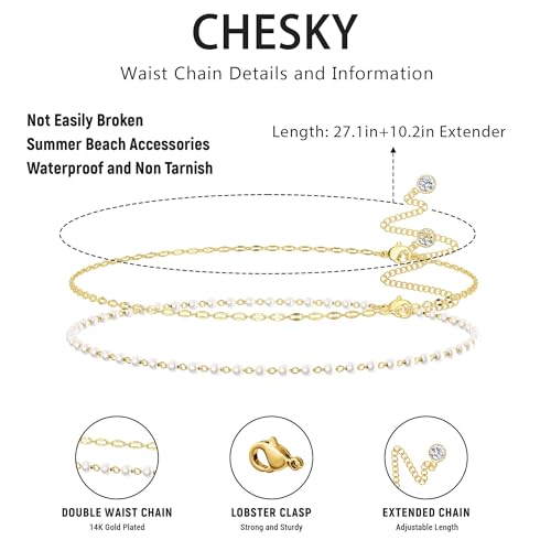Risamil Waist Chain for Women, Dainty Gold Plated Belly Chain for The Waist Adjustable Waterproof Sexy Bikini Satellite Beads Sparkle Chain Simple Body Chain Summer Jewelry Gifts for Women - style: Pearl2