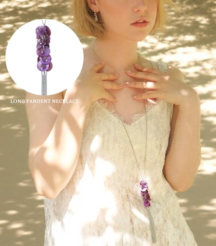 Noessla Boho Long Pendant Necklaces for Women Silver Tassel Long Necklace Sweater Chain Mothers Day Gifts Silver Costume Jewelry for Women - color: 81-Purple