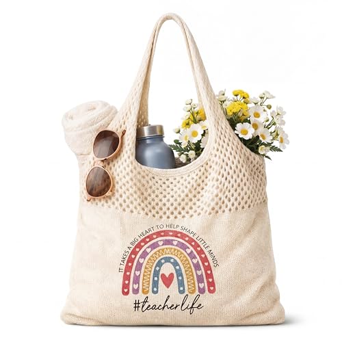 Shinylin Personalized Crochet Tote Bag for Beach Women Beige Mesh Knit Shoulder Bag Boho Aesthetic Tote for Women - style: Teacher Rainbow