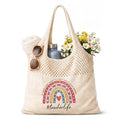 Shinylin Personalized Crochet Tote Bag for Beach Women Beige Mesh Knit Shoulder Bag Boho Aesthetic Tote for Women - style: Teacher Rainbow