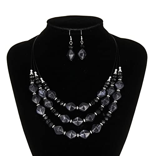 3 Layered Chunky Statement Necklace for Women Beaded Strand Necklaces with Earring Fashion Costumes Collar Necklace Jewelry Sets Gifts for Women - color: Black