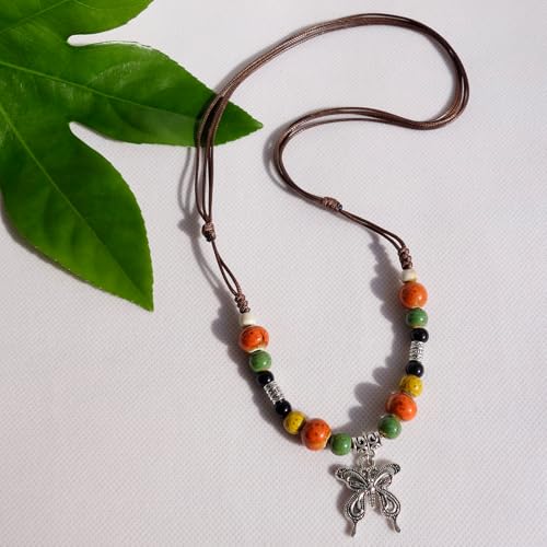 Boho Style Colorful Ceramic Bead Strand Necklace Adjustable Bohemian Jewelry Gift for Women, Fashion Clothing Matching Necklace - color: Orange