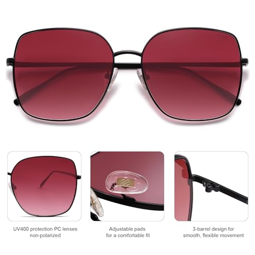 SOJOS Trendy Oversized Square Metal Frame Sunglasses for Women Men Retro Big Flat Lens UV Protection Sunglasses SJ1146 - color: Matte Black/Gradient Burgundy