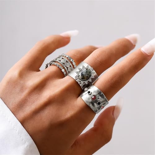 3Pcs Chunky Statement Ring Set for Women,Stackable Wide Band Rings Vintage Shiny Crystal Adjustable Finger Rings Statement Aesthetic Ring Pack - color: Silver