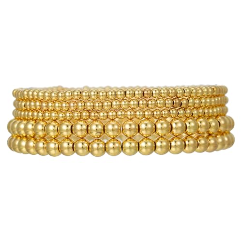 Gold Bracelets for Women 14K Gold Plated Beaded Non Tarnish Bracelets Stretch Bead Ball Bracelet Stack Set Jewelry for Gifts - color: E SET 5PC