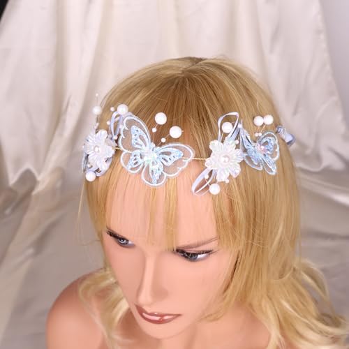 Artificial Flower Crown Headband for Women Girls – Boho Floral Wreath Halo for Weddings, Photoshoots, Festivals, Birthdays, and Costume Parties (Blue Butterfly White Flower, Adjustable) - color: Blue Butterfly White Flower