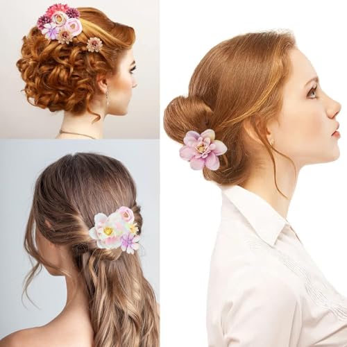 21 PCS Silk Flower Hair Clip Women Aesthetic Boho Pink Floral Hair Barrettes Handmade Rose Bride Barre Hair Accessories Wedding - color: Pink