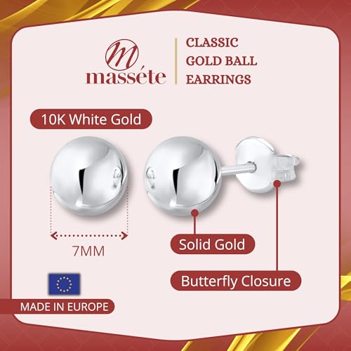 MASSETE Gold Ball Stud Earrings for Women and Girls | 10k, 14k | White Yellow or Rose Gold | 5mm -12mm | Nickel Free - color: 10K White Gold