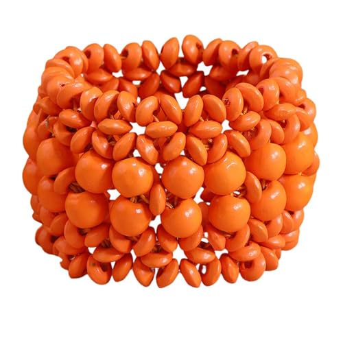Boho Wide Chunky Colorful Wooden Thick Shell Elastic Stretch Bracelet Handmade Bohemia Summer Beach Vacation Adjustable Lightweight Wood Wristband Jewelry for Women - color: orange