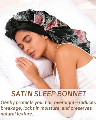 AWAYTR Long Satin Bonnet for Braids - Elastic Silk Hair Bonnets for Sleeping Night Cap Stretchy Tie Band for Women（Flower B） - color: Flower B