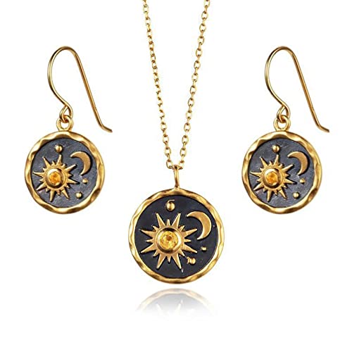 MALOYANVE Vintage Sun and Moon Drop Dangle Earrings for Women Unique lightweight Handmade Retro Boho Antiqued Gold Silver Round Coin Earrings for Women Jewelry - color: Gold Earrings and Necklace