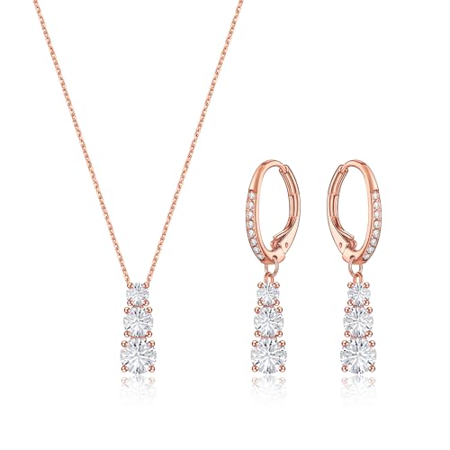 Crysdue Cubic Zirconia Jewelry Set for Women Bridesmaid, Classic Round Cut Drop Lightweight Lever Back Earrings Pendant Necklace Tennis Bracelet for Wedding Prom Party - style: 2pcs Rose Gold