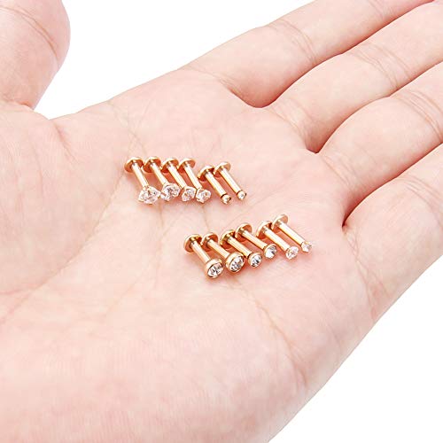 SCERRING 6 Pairs 14G Stainless Steel Clear CZ Internally Threaded Labret Monroe Lip Tragus Cartilage Helix Earring Ring Body Piercing Jewelry 6-10mm - style: 6mm Rose Gold
