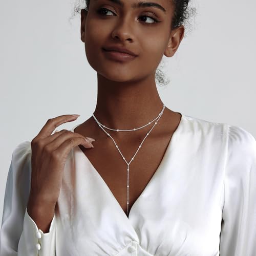 Luxval Lariat Silver Necklace for Women, Dainty Long Necklace Silver Y-Shaped Pendant Necklaces Trendy Beaded Chain Drop Necklaces Jewelry for Women Gifts - color: Silver-Bead Layered