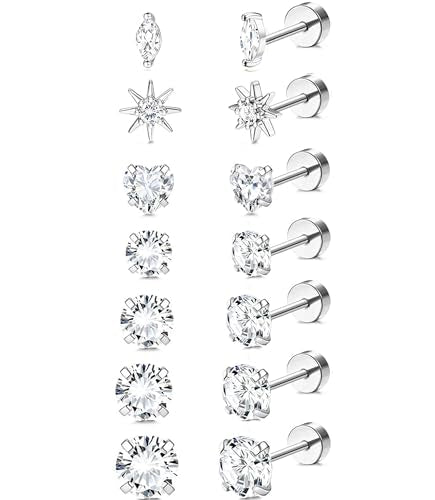 Incaton Hypoallergenic Flat Back Earrings for Women Silver 14K Gold Plated Surgical Stainless Steel Stud Earrings Cubic Zirconia Cartilage Studs Earrings For Multiple Piercing Sensitive Ears - color: SILVER